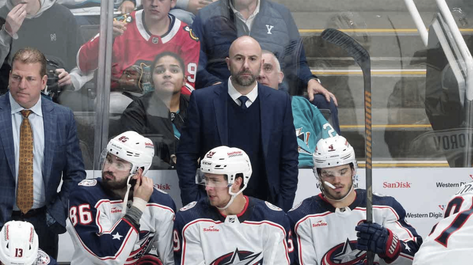 Columbus Blue Jackets head coach Pascal Vincent (center) stands behind the bench during the third period against the San Jose Sharks at SAP Center at San Jose.